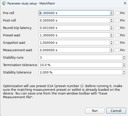 Optimization setup dialog